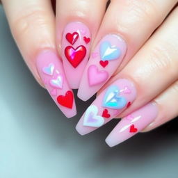 A beautiful design of nails featuring a stylish manicure with a glossy finish, showcasing a colorful palette of pastel shades