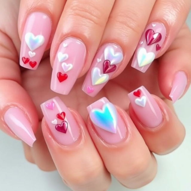 A beautiful design of nails featuring a stylish manicure with a glossy finish, showcasing a colorful palette of pastel shades