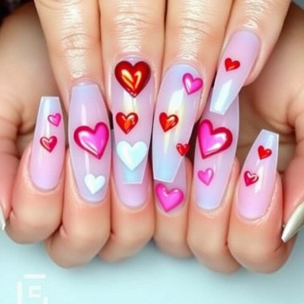 A beautiful design of nails featuring a stylish manicure with a glossy finish, showcasing a colorful palette of pastel shades