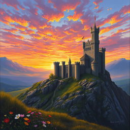 A majestic medieval castle surrounded by tall, formidable walls and tower turrets, set against a stunning sunset sky filled with vibrant oranges, purples, and pinks