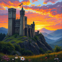 A majestic medieval castle surrounded by tall, formidable walls and tower turrets, set against a stunning sunset sky filled with vibrant oranges, purples, and pinks