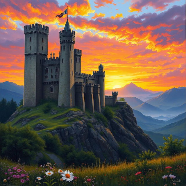 A majestic medieval castle surrounded by tall, formidable walls and tower turrets, set against a stunning sunset sky filled with vibrant oranges, purples, and pinks