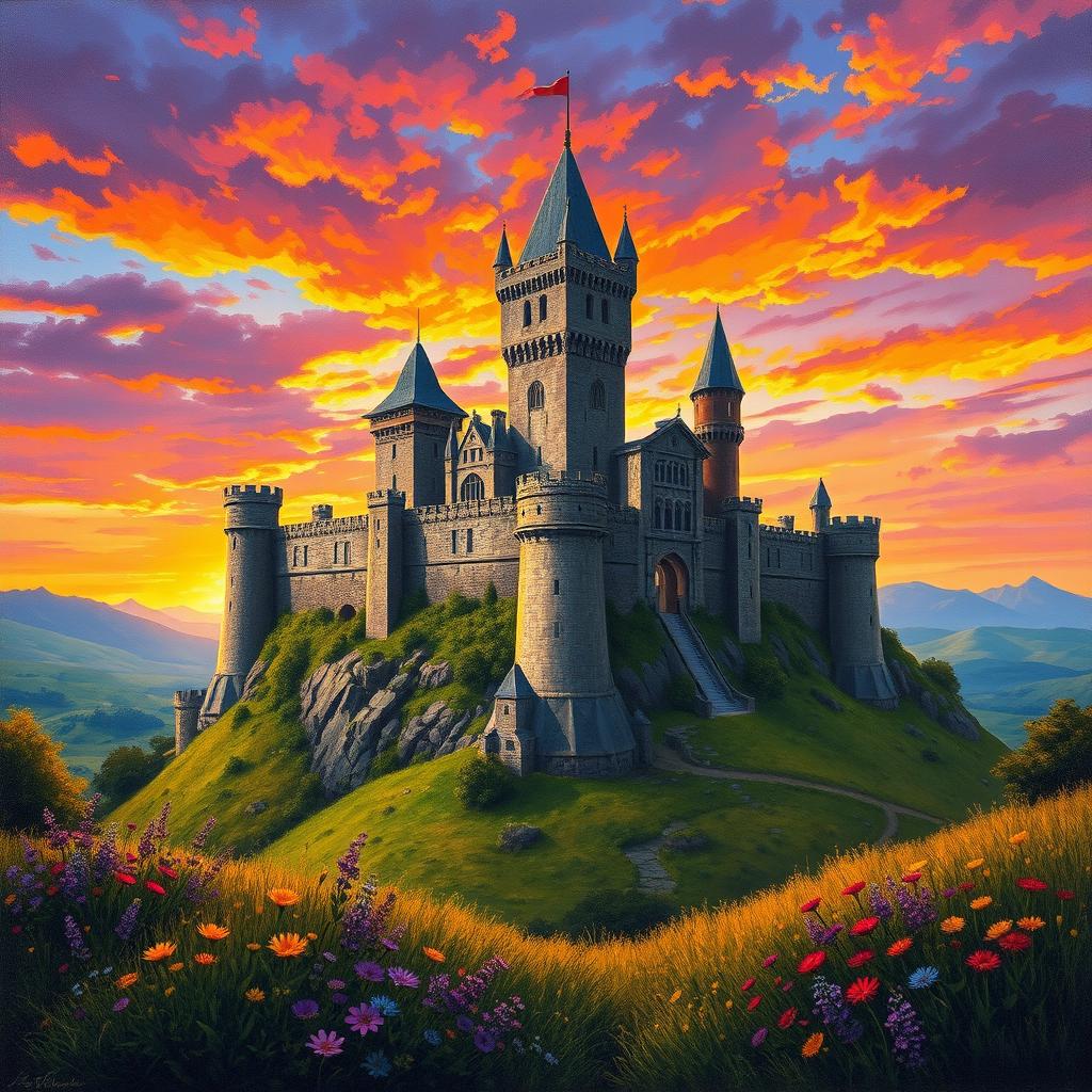 A majestic medieval castle surrounded by tall, formidable walls and tower turrets, set against a stunning sunset sky filled with vibrant oranges, purples, and pinks