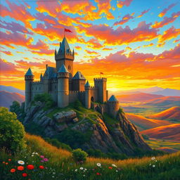 A majestic medieval castle surrounded by tall, formidable walls and tower turrets, set against a stunning sunset sky filled with vibrant oranges, purples, and pinks