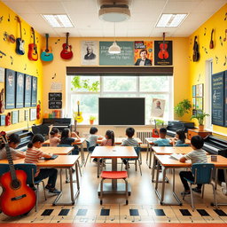 A vibrant and creative music classroom design featuring colorful musical instruments like guitars, pianos, and violins placed around the room
