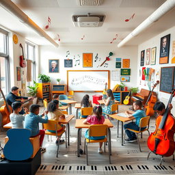 A vibrant and creative music classroom design featuring colorful musical instruments like guitars, pianos, and violins placed around the room