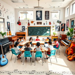 A vibrant and creative music classroom design featuring colorful musical instruments like guitars, pianos, and violins placed around the room