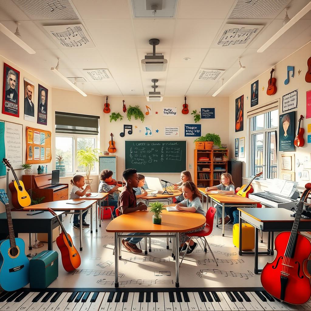A vibrant and creative music classroom design featuring colorful musical instruments like guitars, pianos, and violins placed around the room