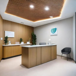 A spacious reception area for a dental clinic equipped with numerous comfortable chairs for waiting patients. The room has a large front desk, informative leaflets on side tables, pleasing wall art and a calming, professional vibe.