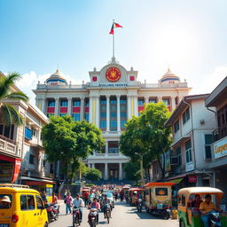 An impressive depiction of the Philippine government building, showcasing its architectural grandeur with a blend of modern and traditional Filipino design elements
