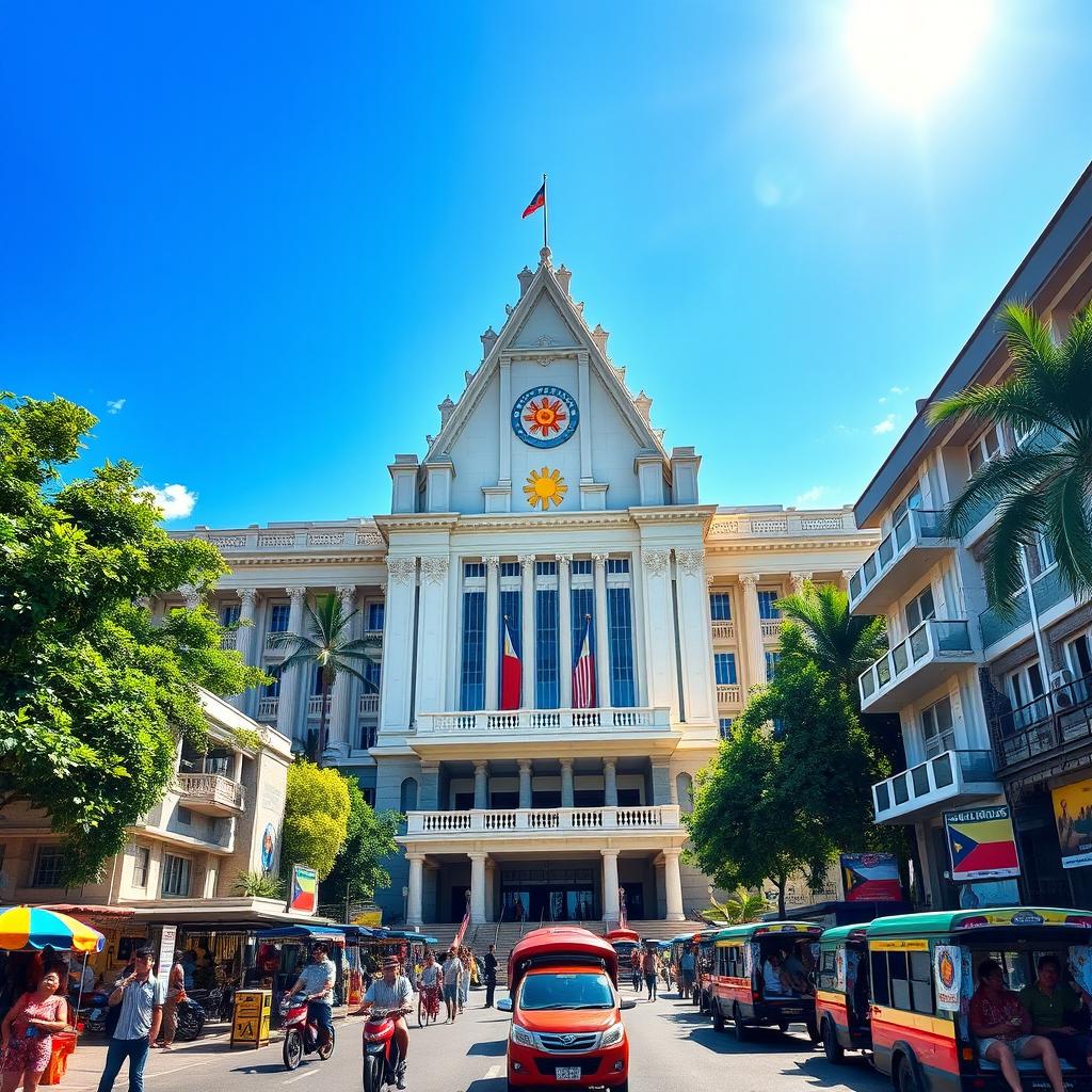 An impressive depiction of the Philippine government building, showcasing its architectural grandeur with a blend of modern and traditional Filipino design elements