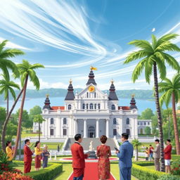 A detailed illustration of the Philippine government, featuring the Malacañang Palace as the focal point