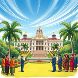 A detailed illustration of the Philippine government, featuring the Malacañang Palace as the focal point