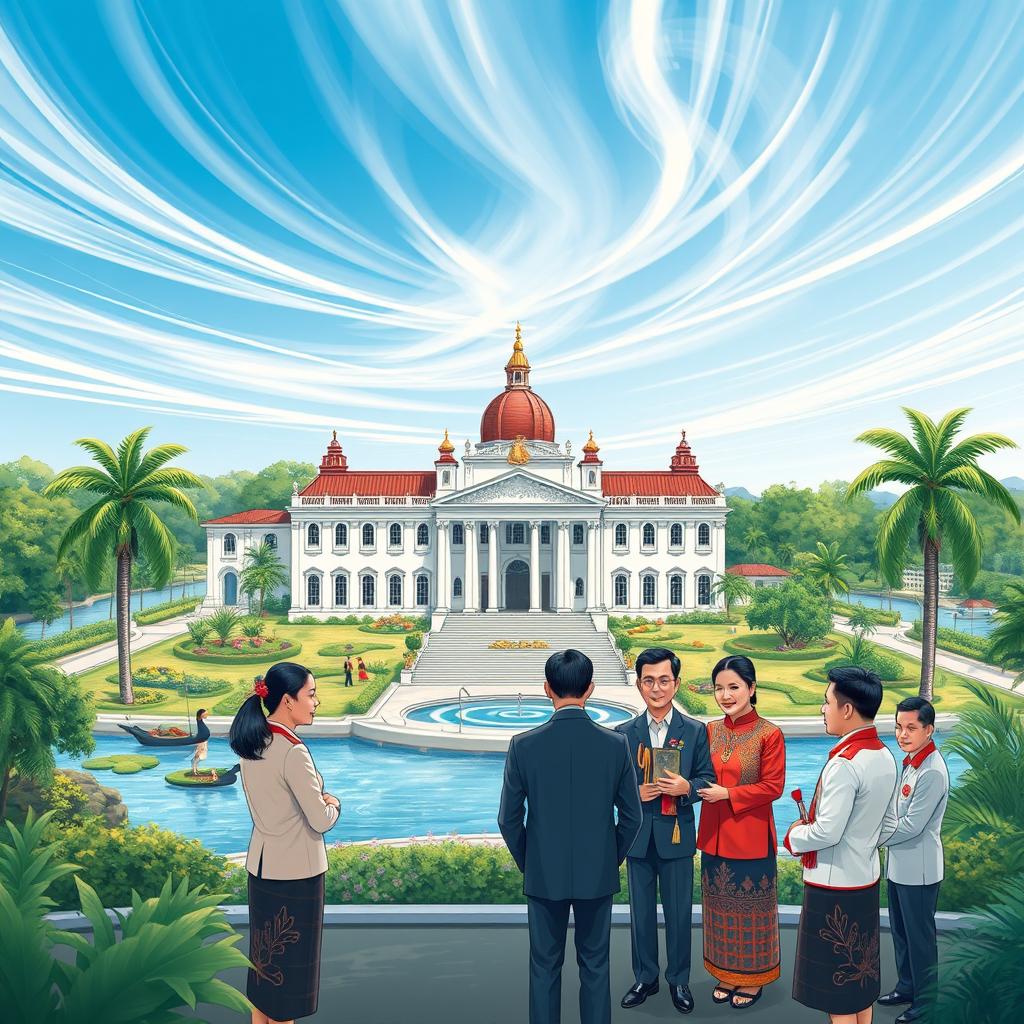 A detailed illustration of the Philippine government, featuring the Malacañang Palace as the focal point