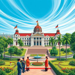 A detailed illustration of the Philippine government, featuring the Malacañang Palace as the focal point