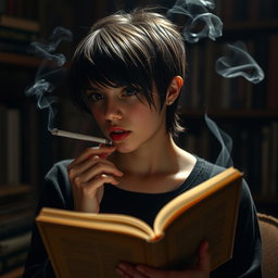 A young woman with a wolf cut hairstyle, hair length just to her neck, partially obscured face, holding an open book in one hand while smoking a cigarette