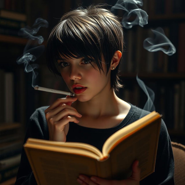 A young woman with a wolf cut hairstyle, hair length just to her neck, partially obscured face, holding an open book in one hand while smoking a cigarette