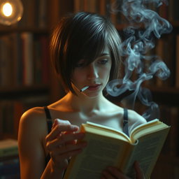 A young woman with a wolf cut hairstyle, hair length just to her neck, partially obscured face, holding an open book in one hand while smoking a cigarette