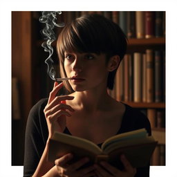 A young woman with a wolf cut hairstyle, hair length just to her neck, partially obscured face, holding an open book in one hand while smoking a cigarette