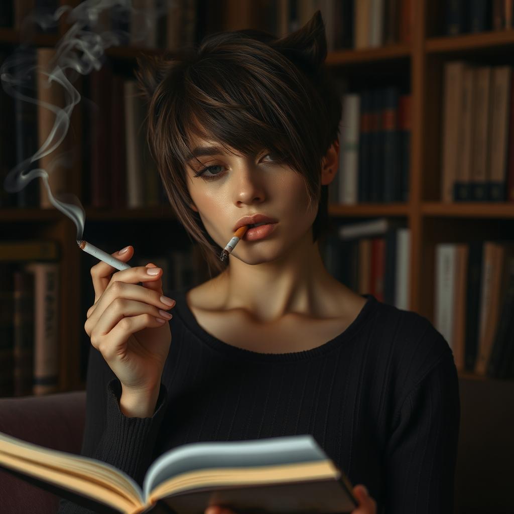A young woman with a wolf cut hairstyle, hair length just to her neck, partially obscured face, holding an open book in one hand while smoking a cigarette