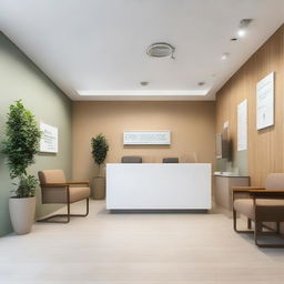 A spacious reception area for a dental clinic equipped with numerous comfortable chairs for waiting patients. The room has a large front desk, informative leaflets on side tables, pleasing wall art and a calming, professional vibe.