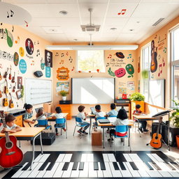 A lively and inviting music classroom design featuring various musical instruments like guitars, keyboards, and drums distributed throughout the space