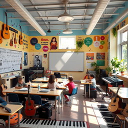 A lively and inviting music classroom design featuring various musical instruments like guitars, keyboards, and drums distributed throughout the space