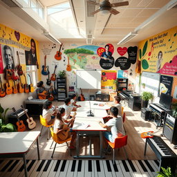 A lively and inviting music classroom design featuring various musical instruments like guitars, keyboards, and drums distributed throughout the space