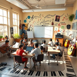 A lively and inviting music classroom design featuring various musical instruments like guitars, keyboards, and drums distributed throughout the space