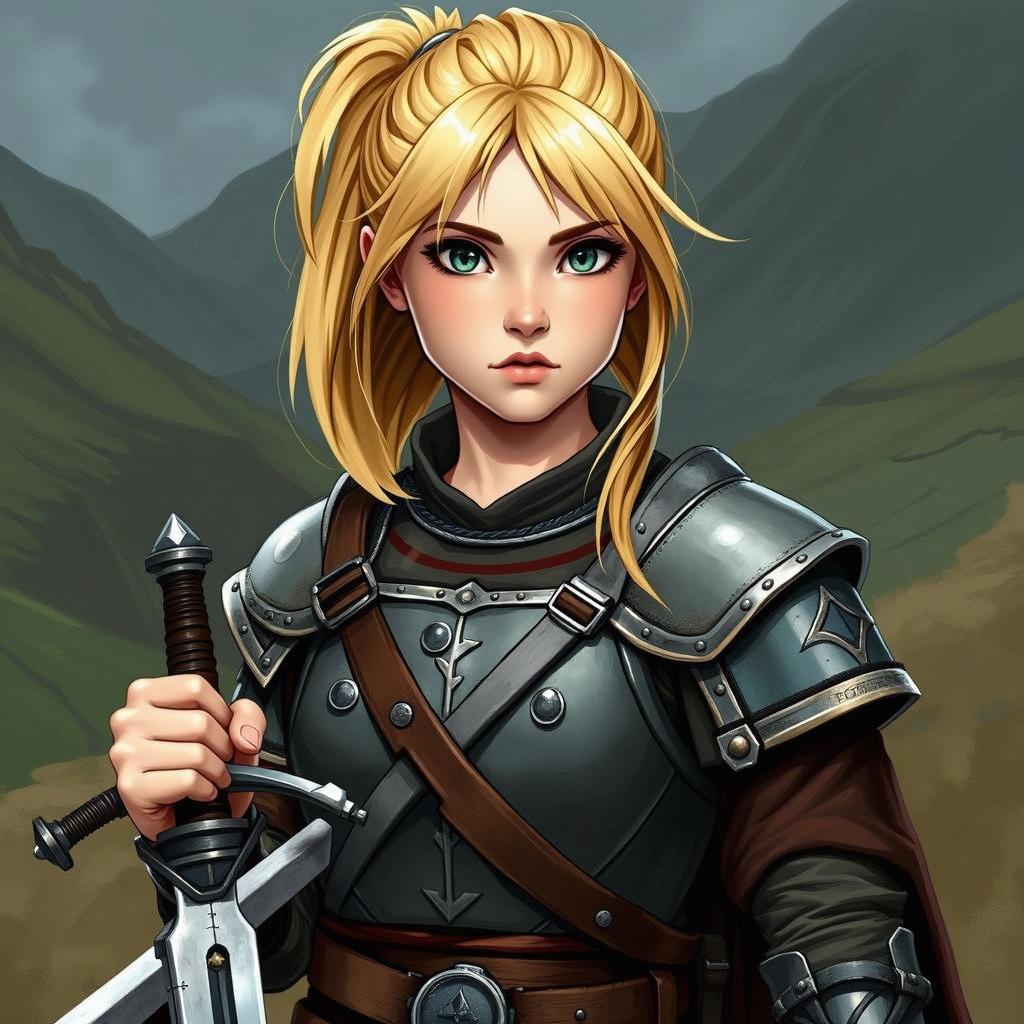 An intricate portrait of a young human female paladin with shoulder-length blond hair in a ponytail, and piercing blue eyes