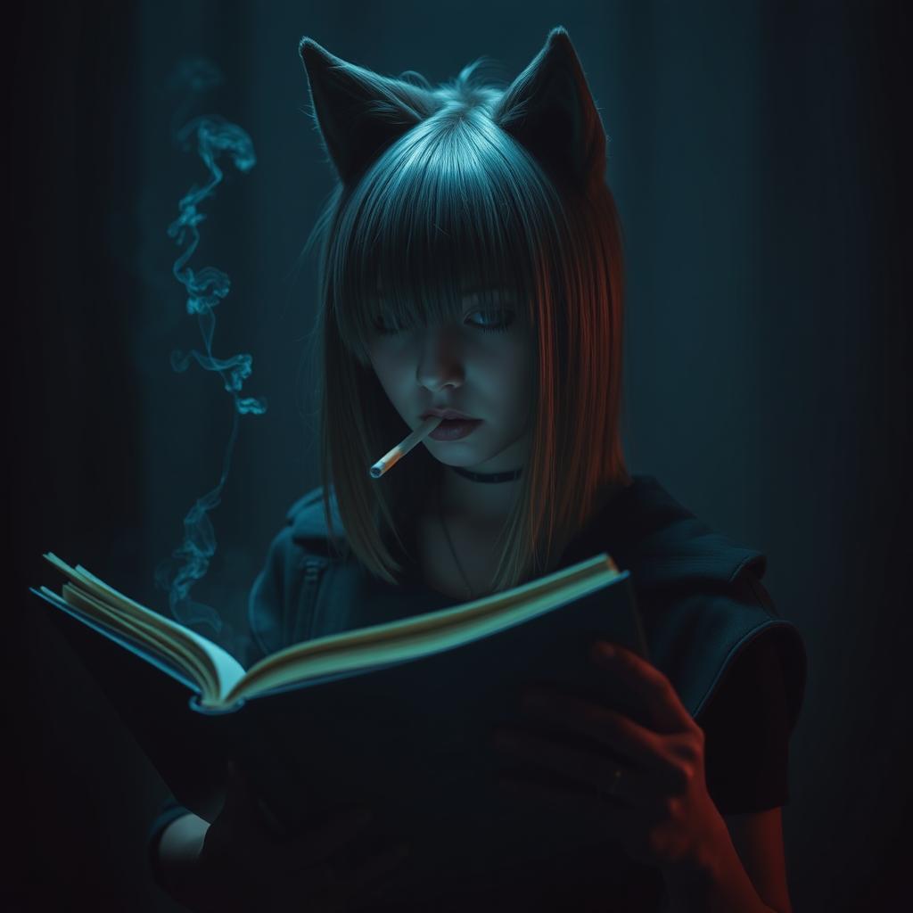 A girl with a wolf cut hairstyle, her hair reaching down to her neck