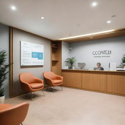 A spacious reception area for a dental clinic equipped with numerous comfortable chairs for waiting patients. The room has a large front desk, informative leaflets on side tables, pleasing wall art and a calming, professional vibe.