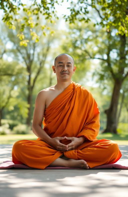 A serene monk in a meditation pose, seated cross-legged on a soft mat in a tranquil environment