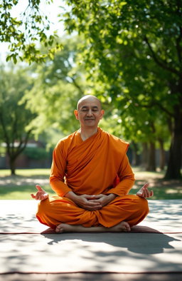 A serene monk in a meditation pose, seated cross-legged on a soft mat in a tranquil environment