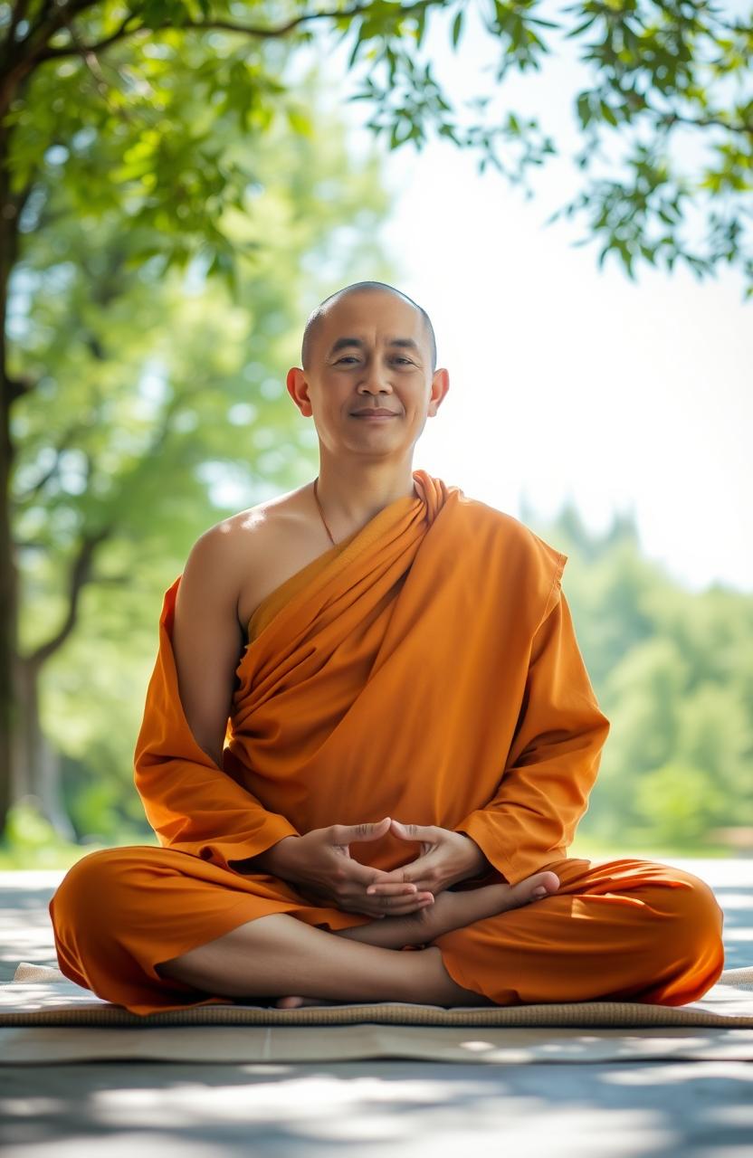 A serene monk in a meditation pose, seated cross-legged on a soft mat in a tranquil environment