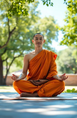 A serene monk in a meditation pose, seated cross-legged on a soft mat in a tranquil environment