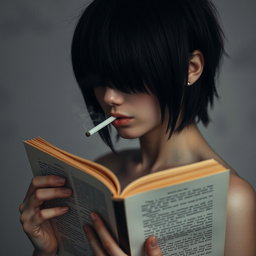 A girl with a wolf cut hairstyle, hair length up to her neck