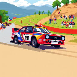 A vibrant pixel art depiction of a rally car in a dynamic 3/4 view, showcasing bright colors and detailed pixelation to represent the vehicle's sleek design and racing stripes