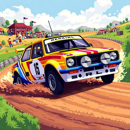 A vibrant pixel art depiction of a rally car in a dynamic 3/4 view, showcasing bright colors and detailed pixelation to represent the vehicle's sleek design and racing stripes