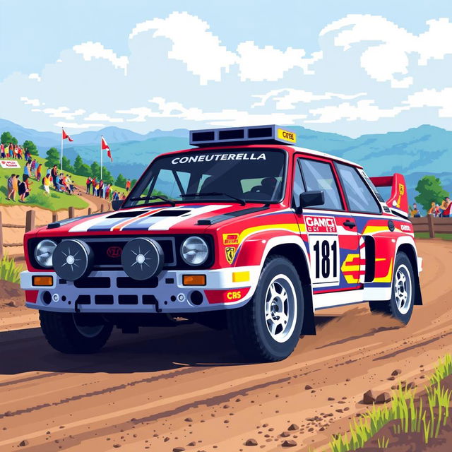 A vibrant pixel art depiction of a rally car in a dynamic 3/4 view, showcasing bright colors and detailed pixelation to represent the vehicle's sleek design and racing stripes