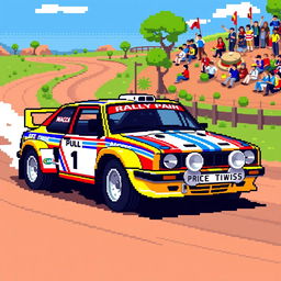 A vibrant pixel art depiction of a rally car in a dynamic 3/4 view, showcasing bright colors and detailed pixelation to represent the vehicle's sleek design and racing stripes