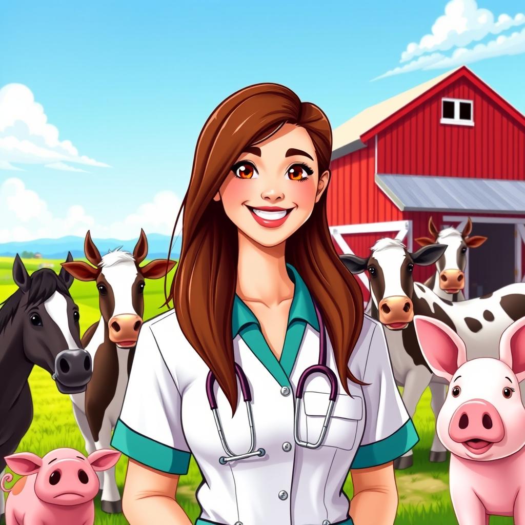 A lively young woman wearing a veterinarian uniform, featuring a brown-haired beauty with a charming smile, standing in a vibrant farm setting