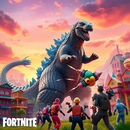 A massive Godzilla character integrated within a Fortnite-style environment, showcasing vibrant colors and cartoonish features