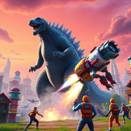 A massive Godzilla character integrated within a Fortnite-style environment, showcasing vibrant colors and cartoonish features