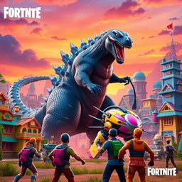 A massive Godzilla character integrated within a Fortnite-style environment, showcasing vibrant colors and cartoonish features