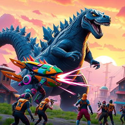 A massive Godzilla character integrated within a Fortnite-style environment, showcasing vibrant colors and cartoonish features