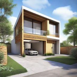 A designed 2 bedroom, 2 bathroom house situated on a 30x30 plot. The architecture shows optimal space usage with an allotted area for secure car parking.