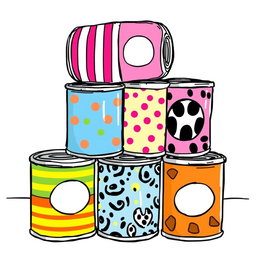 A whimsical and colorful drawing of six tin cans creatively stacked together