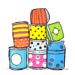 A whimsical and colorful drawing of six tin cans creatively stacked together