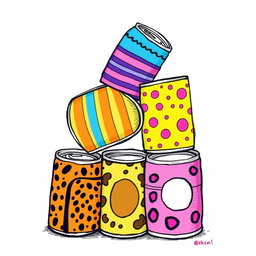 A whimsical and colorful drawing of six tin cans creatively stacked together